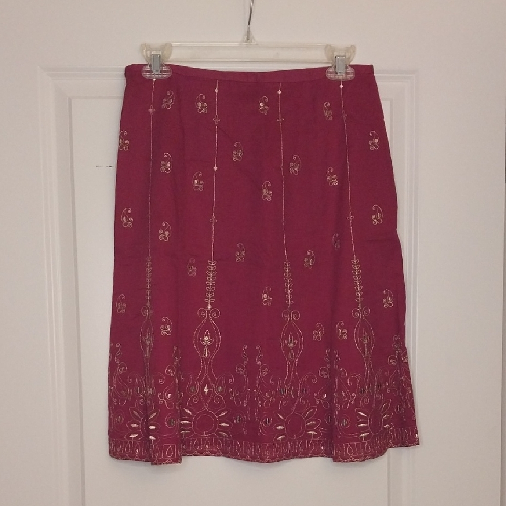 Ann Taylor Magenta A-Line Skirt with Gold Embroidery